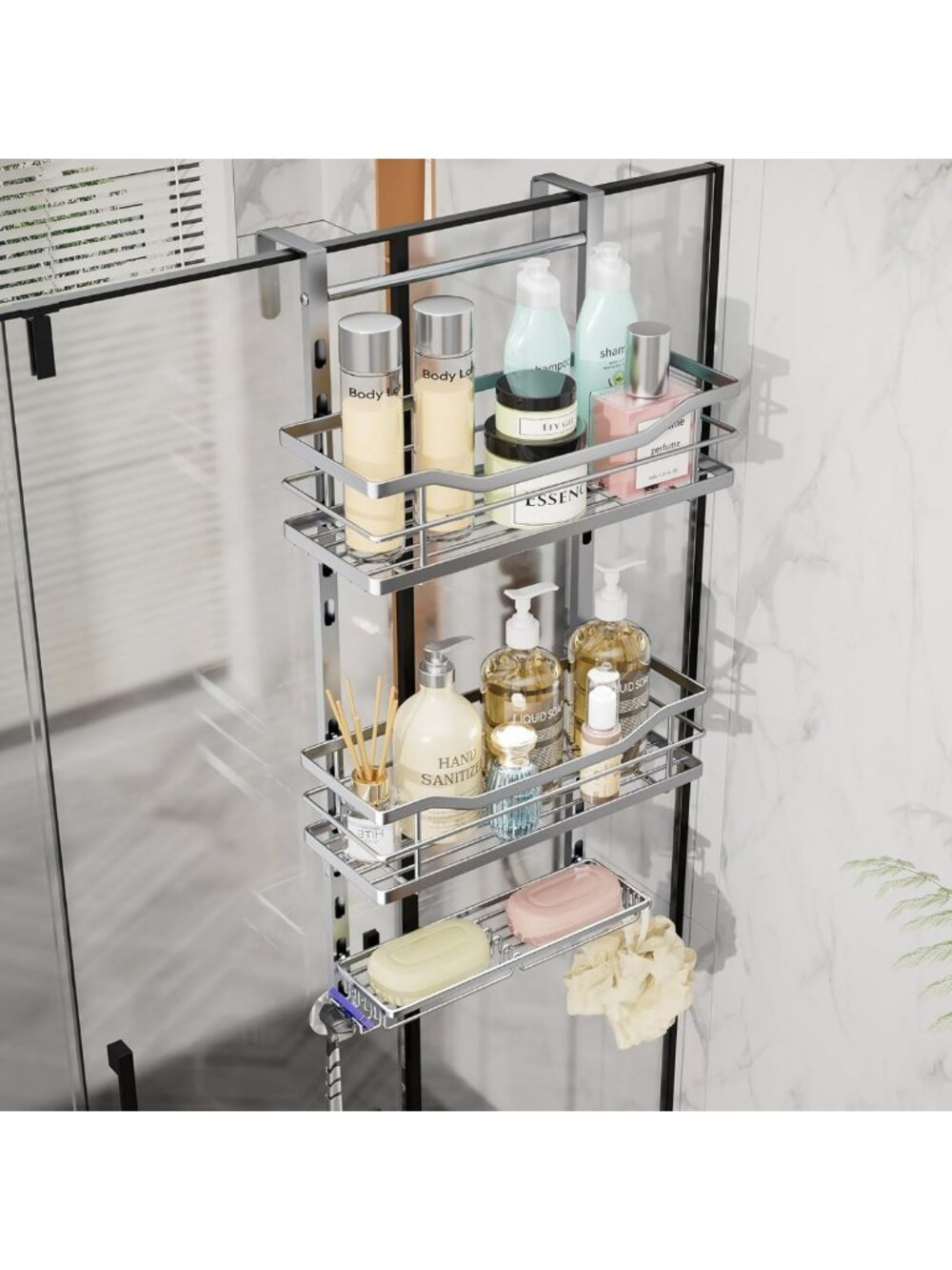 3-Tier Over-the-Door Shower Caddy - Adjustable Stainless Steel Organizer for
